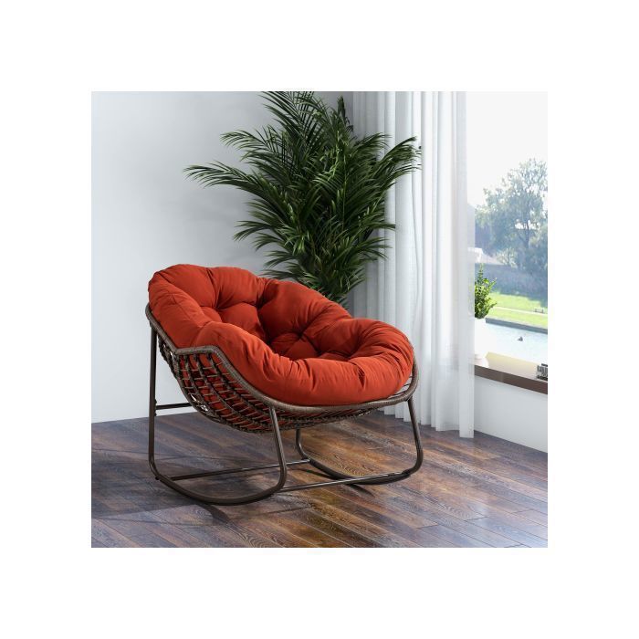 Fauteuil à bascule en rotin d’extérieur avec coussin rembourré pour terrasse jardin salon ou véranda coloris orange
