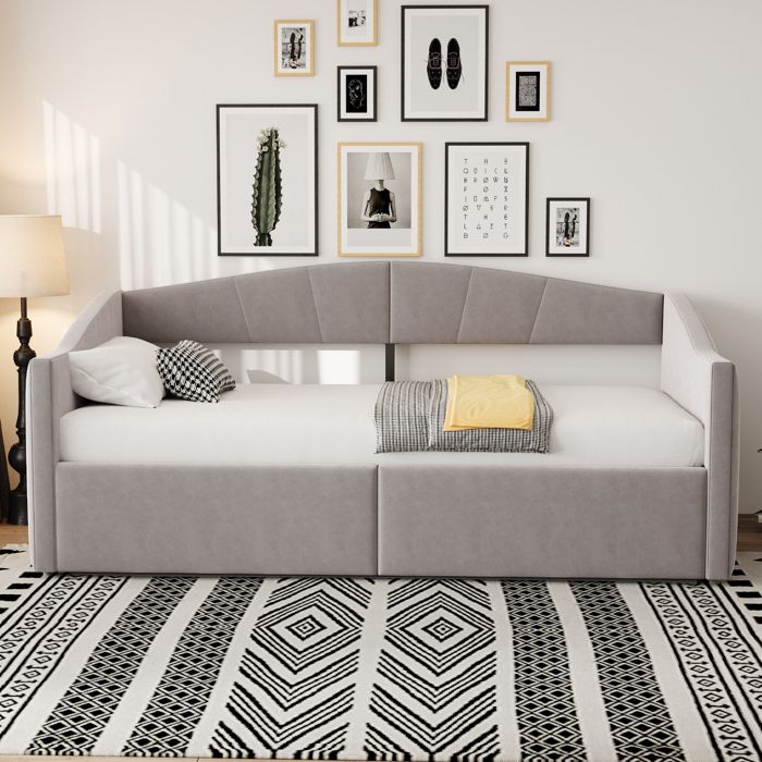 Lit Rembourré Coffre 90×200 cm avec Système Hydraulique et Sommier à Lattes Canapé-Lit Velours Gris Clair