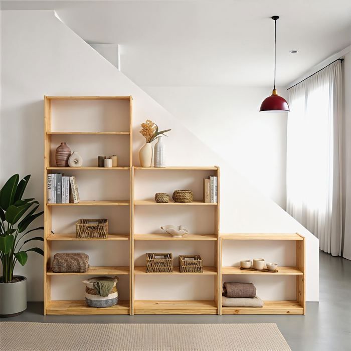 Etagère Escalier MELLY H 240 cm en Bois Massif Coloris Naturel Bibliothèque Sous-Pente Rangement Ouvert sur Pied
