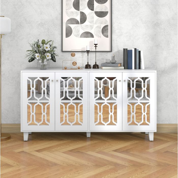 MEUBLIV Buffet avec miroir 4 portes poignées en cristal 160 x 40 x 84 cm MDF blanc