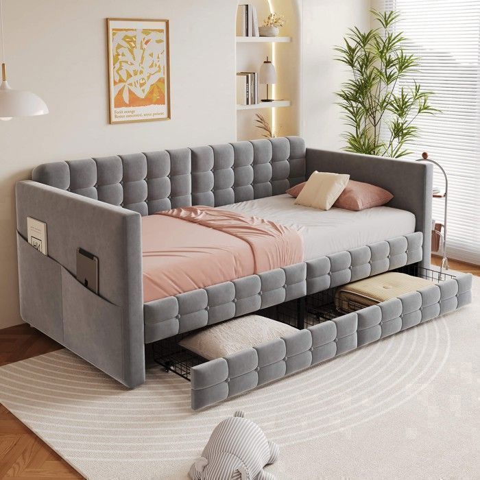 Lit banquette - LINHOO - 90 x 190 cm - Velours gris - Motif capitonné rangements latéraux et 2 tiroirs