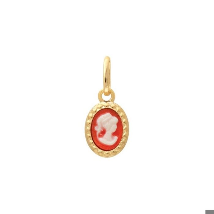 Petit Pendentif camée fond orange bord perlés plaqué or 750/000
