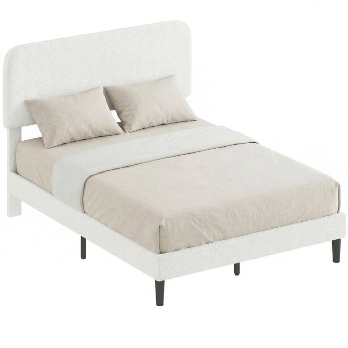 Cadre de Lit - HOMCOM - 140x190cm - Sommier - Tête de Lit Réglable - Rembourré en Velours Teddy - Lattes en Métal - Blanc