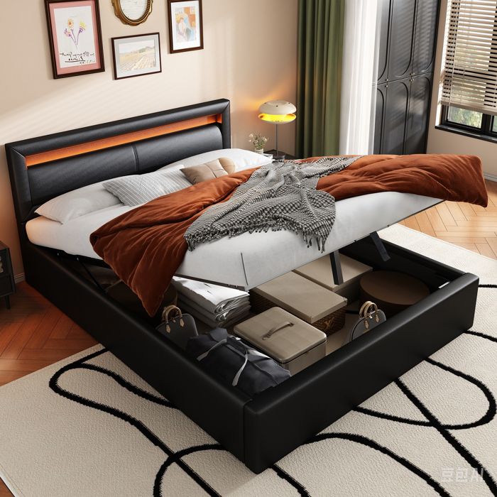 Lit Coffre 140x190 cm  Lit Ado avec LED Multicolores et Rangement Sous le Sommier  Simili Cuir Noir