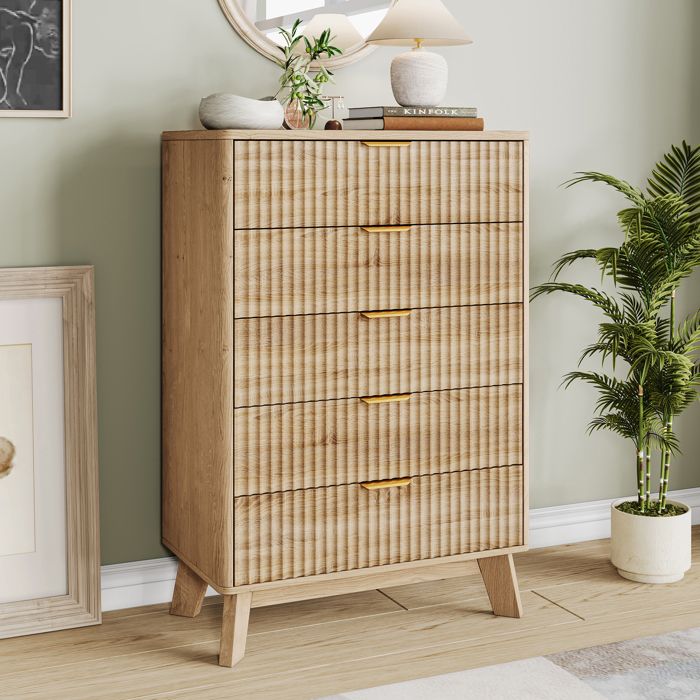 Commode Chambre Commode en Bois 5 Tiroirs Meuble de Rangement Multifonction Natural Wood Cabinet with Drawers