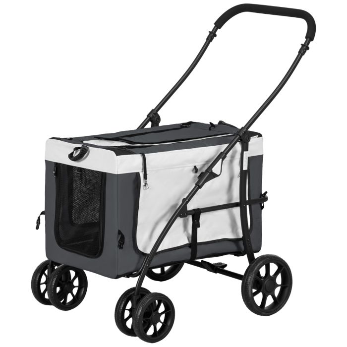 Poussette pour chien pliable - Jusquà 10 kg - Compartiment amovible - 81x58x975 cm - Noir Gris Blanc