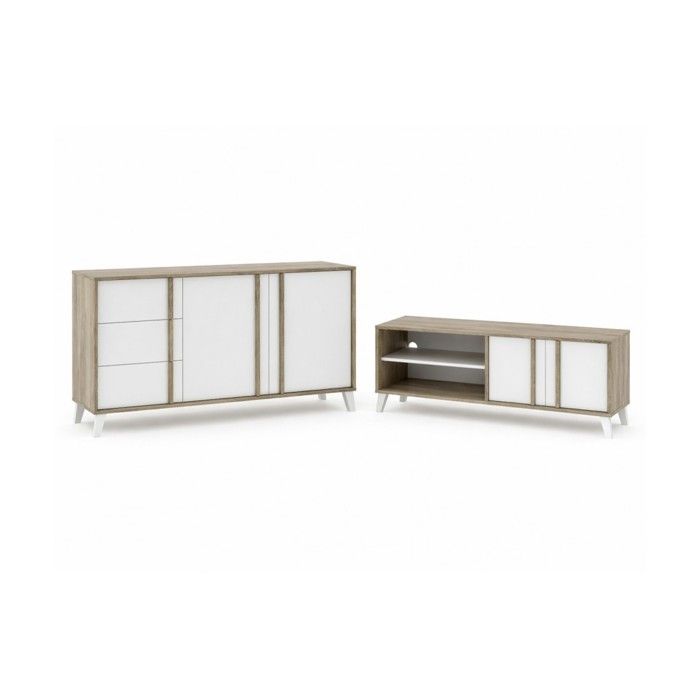 Ensemble de salon Buffet + Meuble TV Style Scandinave – coloris Chêne Clair et Blanc