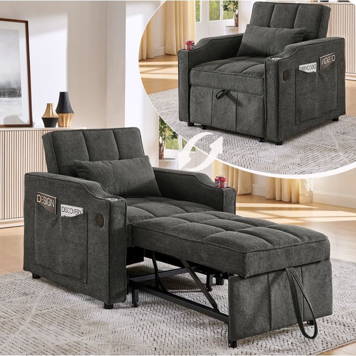Fauteuil convertible 3-en-1 gris foncé avec USB-C porte-gobelet et dossier réglable
