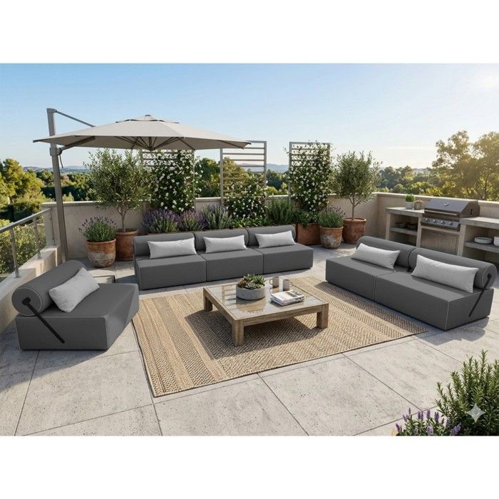 Salon de jardin 2 Canapés + 1 Fauteuil en bois BALI 3+2+1 pour 6 personnes - gris foncé Salon de jardin 2 Canapés + 1 Fauteuil en bois BALI 3+2+1 pour 6 personnes - gris foncé