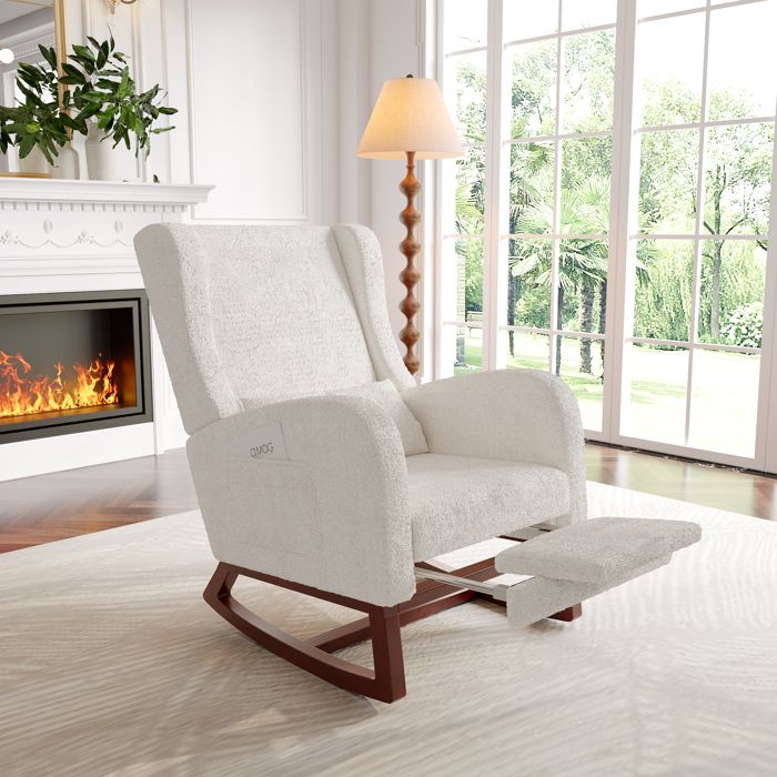Fauteuil à bascule avec repose-pieds - Anajqaqia - Fauteuil à bascule de salon - Fauteuil de détente - Peluche - Blanc