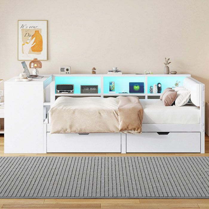 Lit Combiné Blanc 140x200cm Tête Capitonnée Lin 2 Tiroirs Étagères LED 7 Couleurs Prises + USB