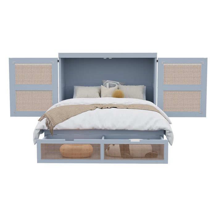 Lit escamotable vertical 140 x 200 cm - Gris - Sommier a lattes - Tiroirs de rangement - Facades rotin