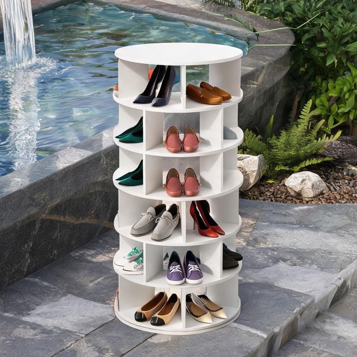 Meuble à chaussures rotatif blanc 5 niveaux 115 cm panneaux de particules rond