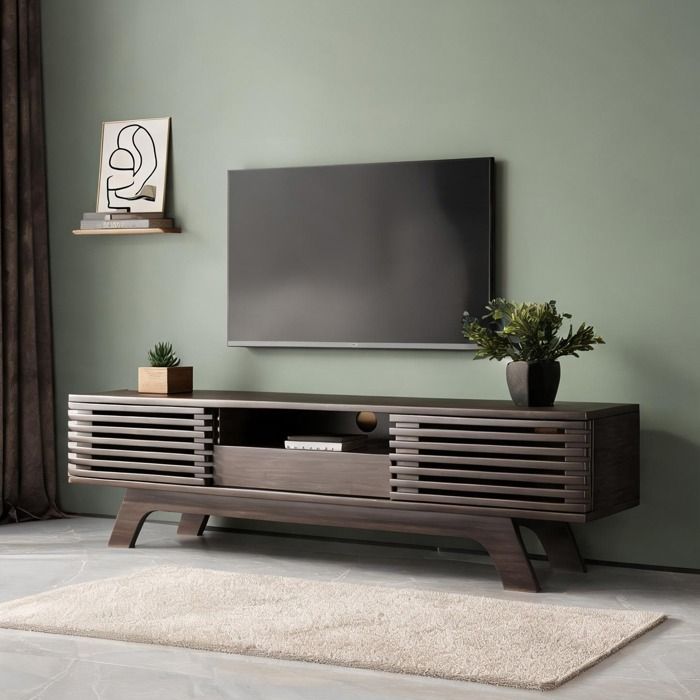 Meuble TV rectangulaire 150 cm couleur bois naturel 2 portes lamellées vintage et 1 tiroir panneaux de particules