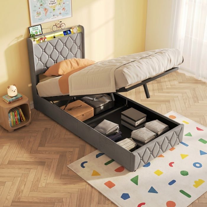 Lit enfant 90x200 cm Anajqaqia lit coffre lit simple Lit hydraulique tête de lit avec LED 1 port Type-C et 1 port USB velours gris