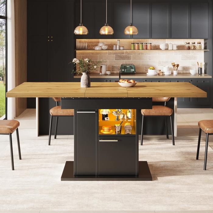 Table à manger extensible 4-6 personnes 110-140x80x772 cmLED multicolore3 niveaux de rangementétagères en verregain de place