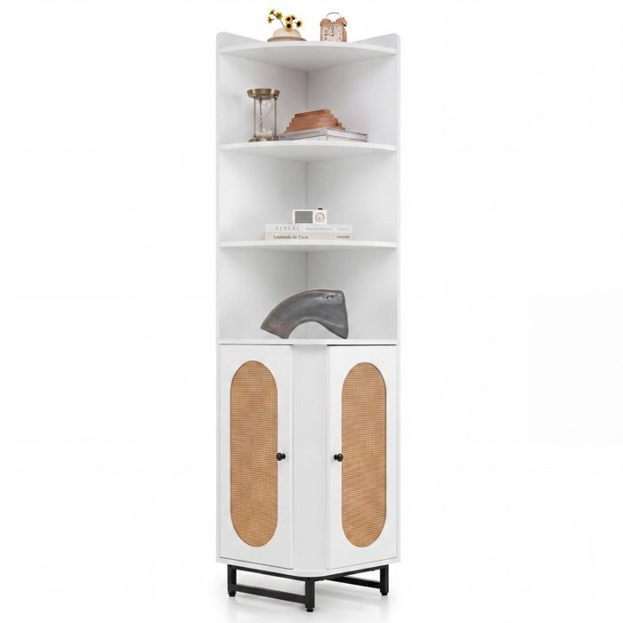 COSTWAY Armoire d’Angle en Rotin PE avec 2 Portes 4 Etagères Ouvertes Patins Réglables pour Salon Cuisine Chambre Blanc