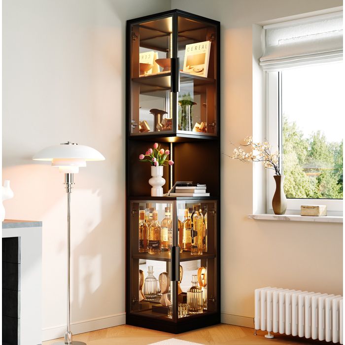 Vitrine LED haute 205 cm noire avec portes vitrées fond miroir et compartiment central ouvert