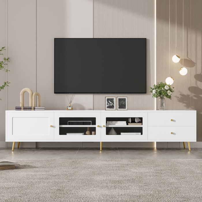 Meuble TV bas moderne 170x40x28 cm 2 tiroirs 2 portes vitrées et 1 porte pleine étagères réglables poignées en métal - Blanc