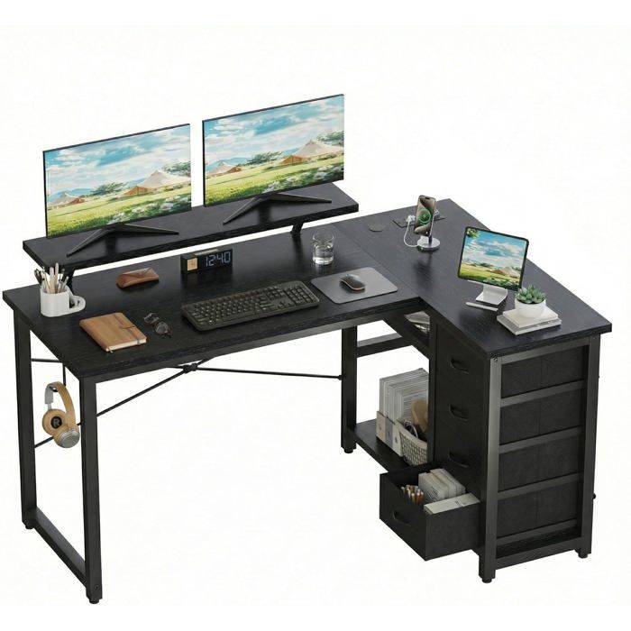 Bureau dangle en L 140x80cm 4 Tiroirs Réversible Noir Bureau dordinateur 2 Prises et 2 Ports USB de Courant Support décran