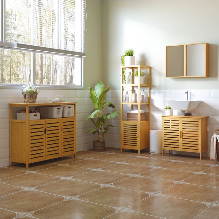 Colonne de salle de bain en bambou 36 x 33 x 140 cm avec 3 étagères ouvertes et meuble bas porte JOINERY