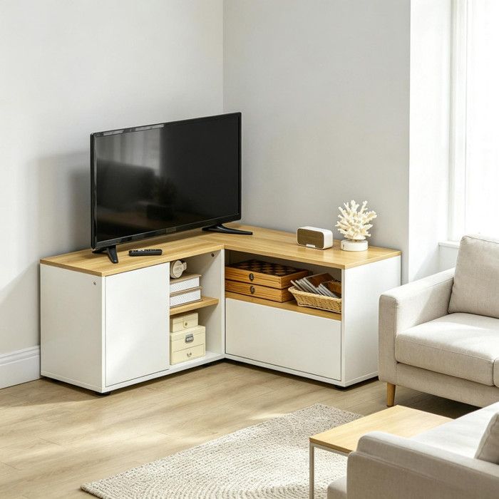Meuble TV Scandinave Bicolore Bois Clair et Blanc 90x90x45cm Banc TV avec 3 Étagères et 2 Portes Panneau Particules