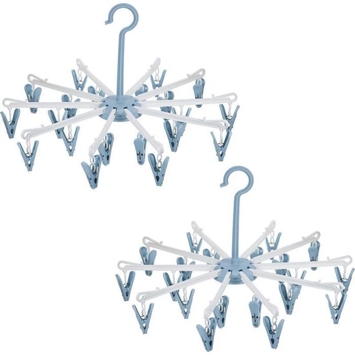 Étendoir Chaussettes Pliable - 2 Pièces - Avec 20 Clips - Rotation 360° - Séchage Rapide - Pour Sous-vêtements - Bleu