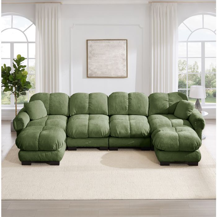Canapé modulable 4 places en U Maisentiel 330 x 149 x 90 cm chenille verte avec 2 ottomanes mobiles