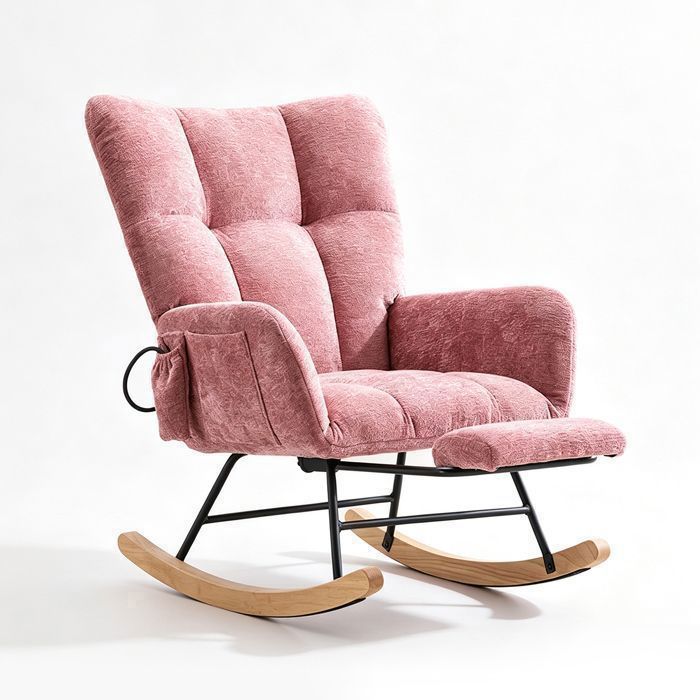WIGTHVOY - Fauteuil à bascule de détente rose - Repose-pieds extensible dossier haut en chenille poche latérale salon et chambre