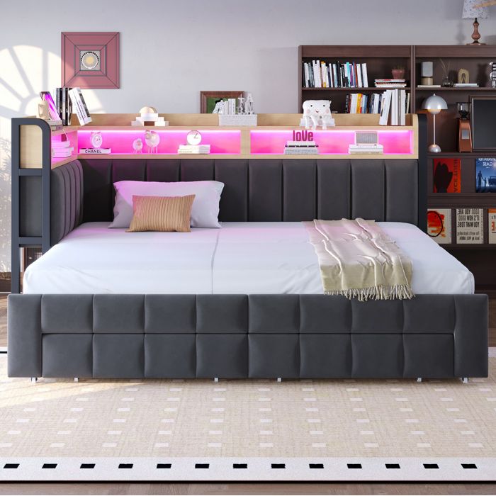 Lit canapé convertible gris foncé 90 x 200 cm extensible 180 x 200 cm LED USB/Type-C rangements intégrés