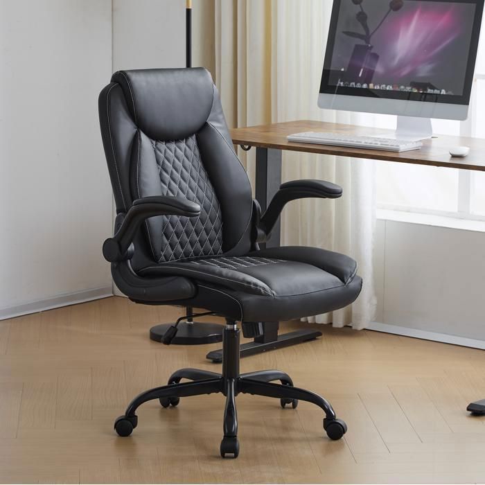 MEULVA Fauteuil de bureau ergonomique en cuir noir à roulettes avec accoudoirs relevables dossier haut