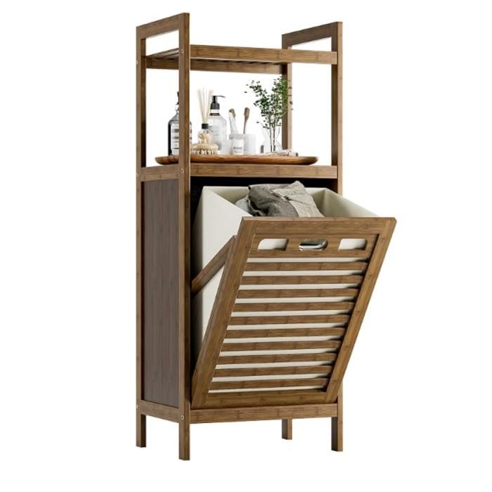 Meuble Salle de Bain avec Panier à Linge Armoire Bas Salle de Bain en Bambou avec 2 étagères Ouvertes 32L Sac Intérieur Noyer