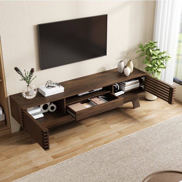 Meuble TV bas EVRYAE 150 cm avec rangement et passe-câbles salon MDF noyer