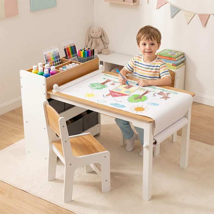 Rangement facile - Table dactivités enfant avec 2 chaises rouleau de papier et 6 bacs amovibles
