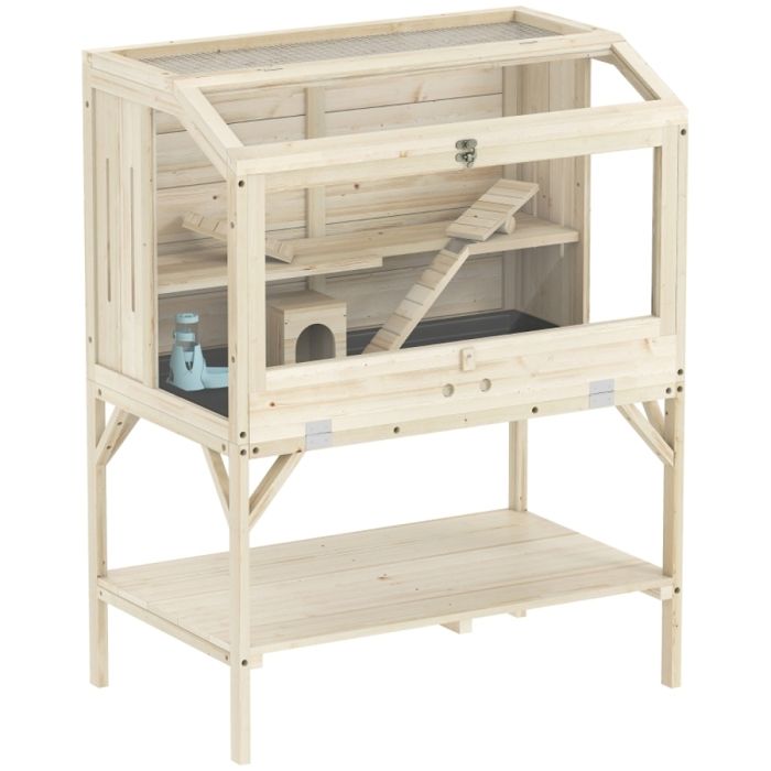 Bois de sapin FSC cage pour hamster 2 niveaux avec rangement et plateau amovible pour petits rongeurs à la maison