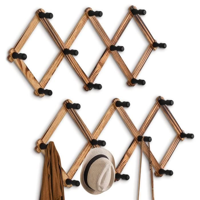 Lot de 2 porte-manteaux extensibles en bois à fixation murale - Crochets muraux en accordéon pour clés, chapeaux, vestes,