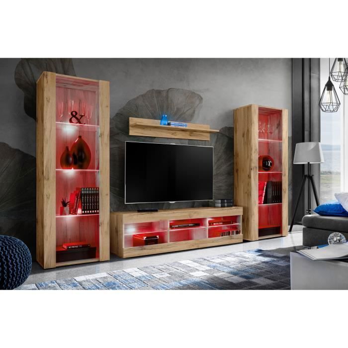 Meuble TV Tivoli Set Grande Komodee - LED RVB - Bois naturel Mat - 250cm x 159cm x 35 cm Meuble TV Tivoli Set Grande Komodee - LED RVB - Bois naturel Mat - 250cm x 159cm x 35 cm