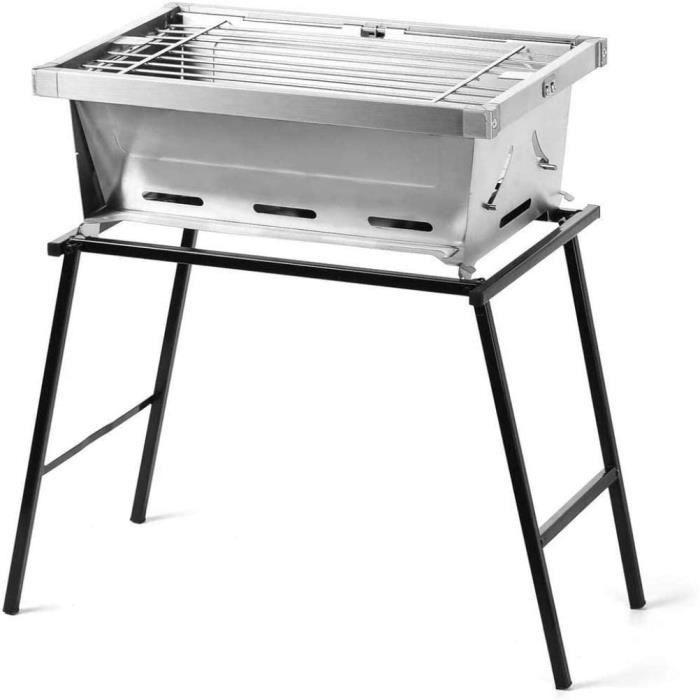 Barbecue Charbon Portable Pliable - Acier Inox - 44x47x26 Cm - Pour Pique-nique, Camping