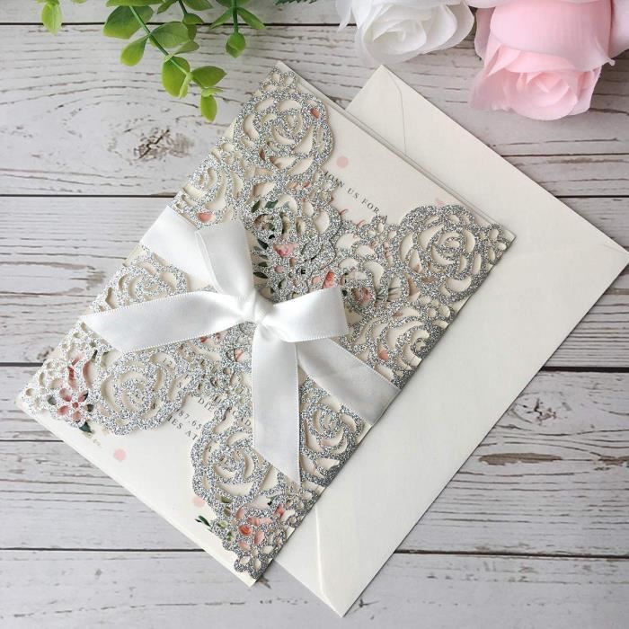 Lot de 10 cartes d'invitation de mariage découpées au laser Motif floral Pour fête prénuptiale, fêtes de fiançailles, comprend des couvertures, des cartes vierges, des enveloppes et des nœuds
