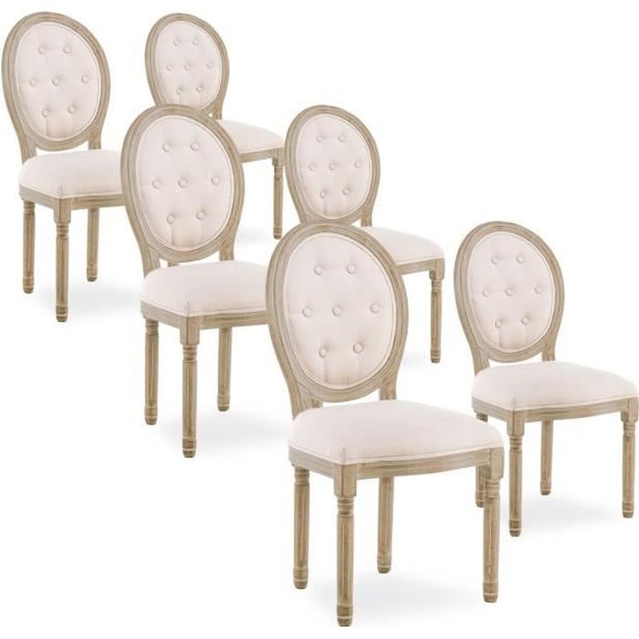 Lot de 6 chaises médaillon capitonnées Louis XVI tissu Beige