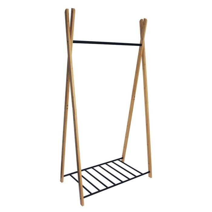 Portant à Vêtements Yaka - Box and Beyond - 93 x 50 x 173 cm - Bois Naturel et Métal Noir - Étagère - Forme Tipi
