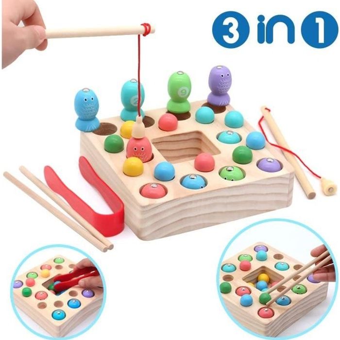 Jeu De Pêche Magnétique 3 En 1 – Montessori – 18 Poissons, 2 Cannes, équilibre Dauphin, Perles à Lacer – Dès 2 Ans