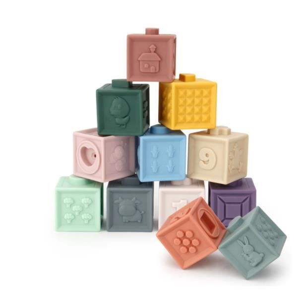Jouets Montessori Bébé 6-12 Mois - Cubes Sensoriels Souples à Empiler - 12 Pièces Avec Balles