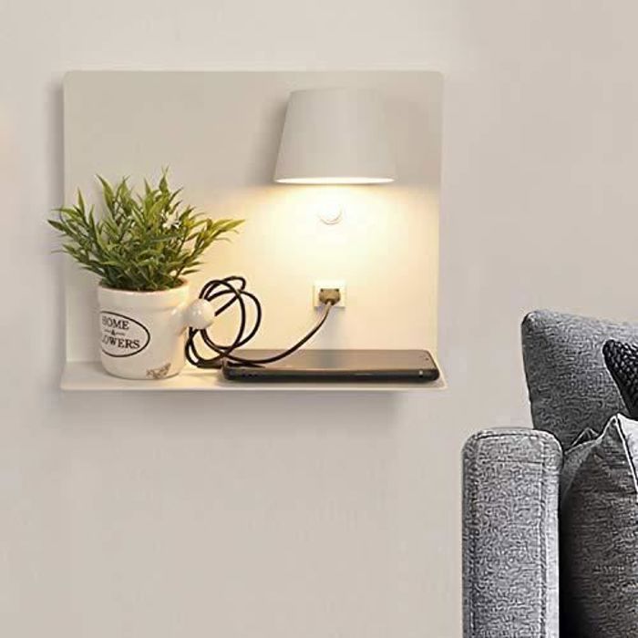 Applique Murale LED SLANGE 2 Avec Bras Orientable - 3W + 6W, Ports USB/USB-C - Blanc Chaud 3000K - Étagère Intégrée - 2