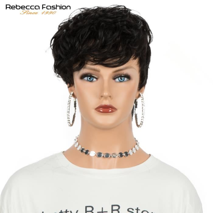 Perruque Courte Pixie - Cheveux Humains Brésiliens - Noir Avec Mèches Rouges - Longueur 8 Pouces
