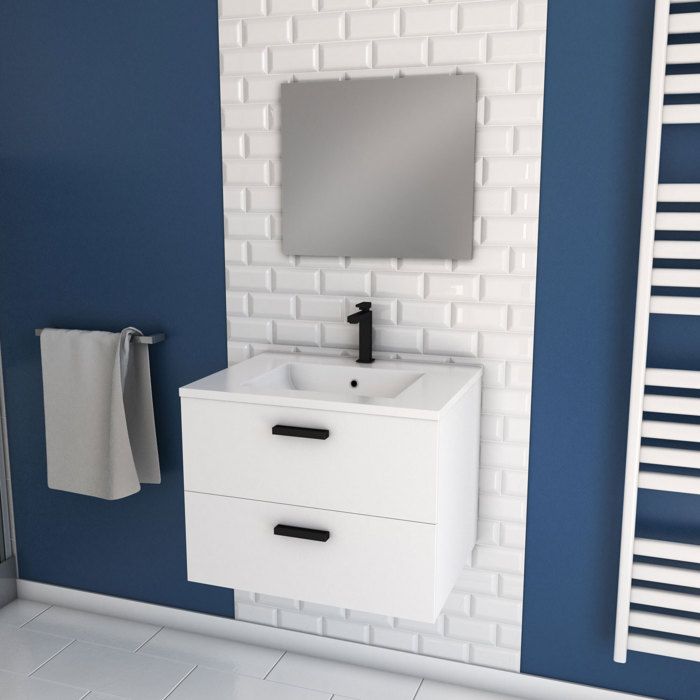 Meuble salle de bain 60 cm suspendu 2 tiroirs Blanc avec vasque et miroir - BOX-IN