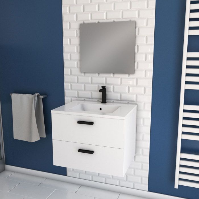 Meuble Salle De Bain 60 Cm Monte Suspendu Blanc H46xl60xp45cm Avec Tiroirs Vasque Et Miroir Box In 60 White Cdiscount Maison