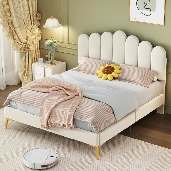 lit adulte 140x200 cm avec sommier à lattes, tête de lit réglable en hauteur, pieds de lit en métal, tissu en velours, beige