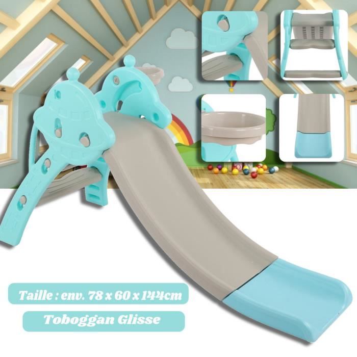 Toboggan Enfant 6-en-1 – 140 Cm – Avec Tableau, Anneaux, Panier Basket, Machine à Musique – Dès 1 An – Cadeau