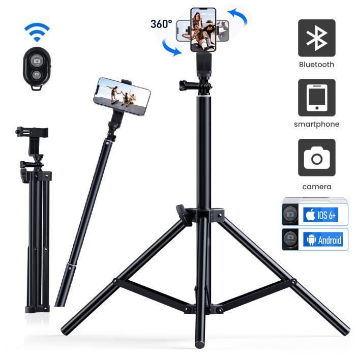 Trépied Smartphone JEEMAK pour Appareil Photo Portable Perche a Selfie 25-160cm Aluminium avec Télécommande Bluetooth